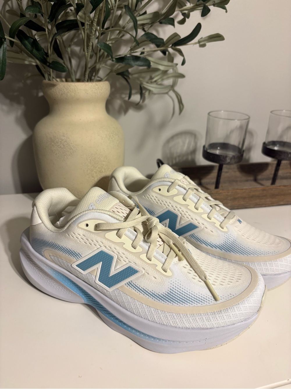 New Balance Women's Ellipse v1 Cream & Light Blue Athletic Running Sneakers